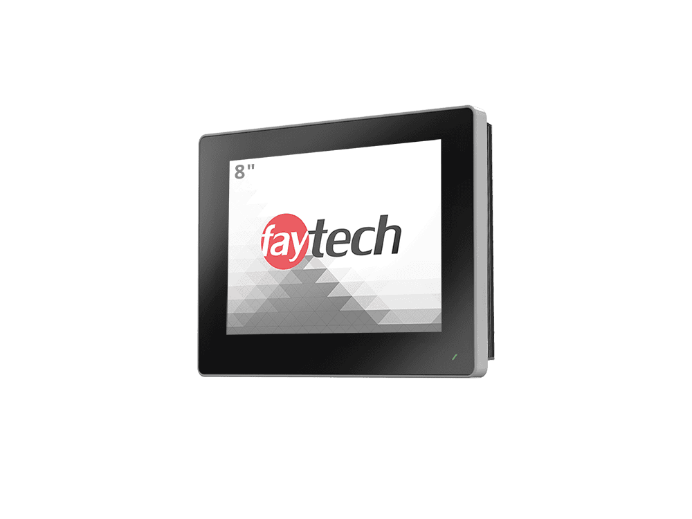 FT08TMACAPOB front angle 8 inch aluminum frame capacitive touchscreen monitor — front angle view