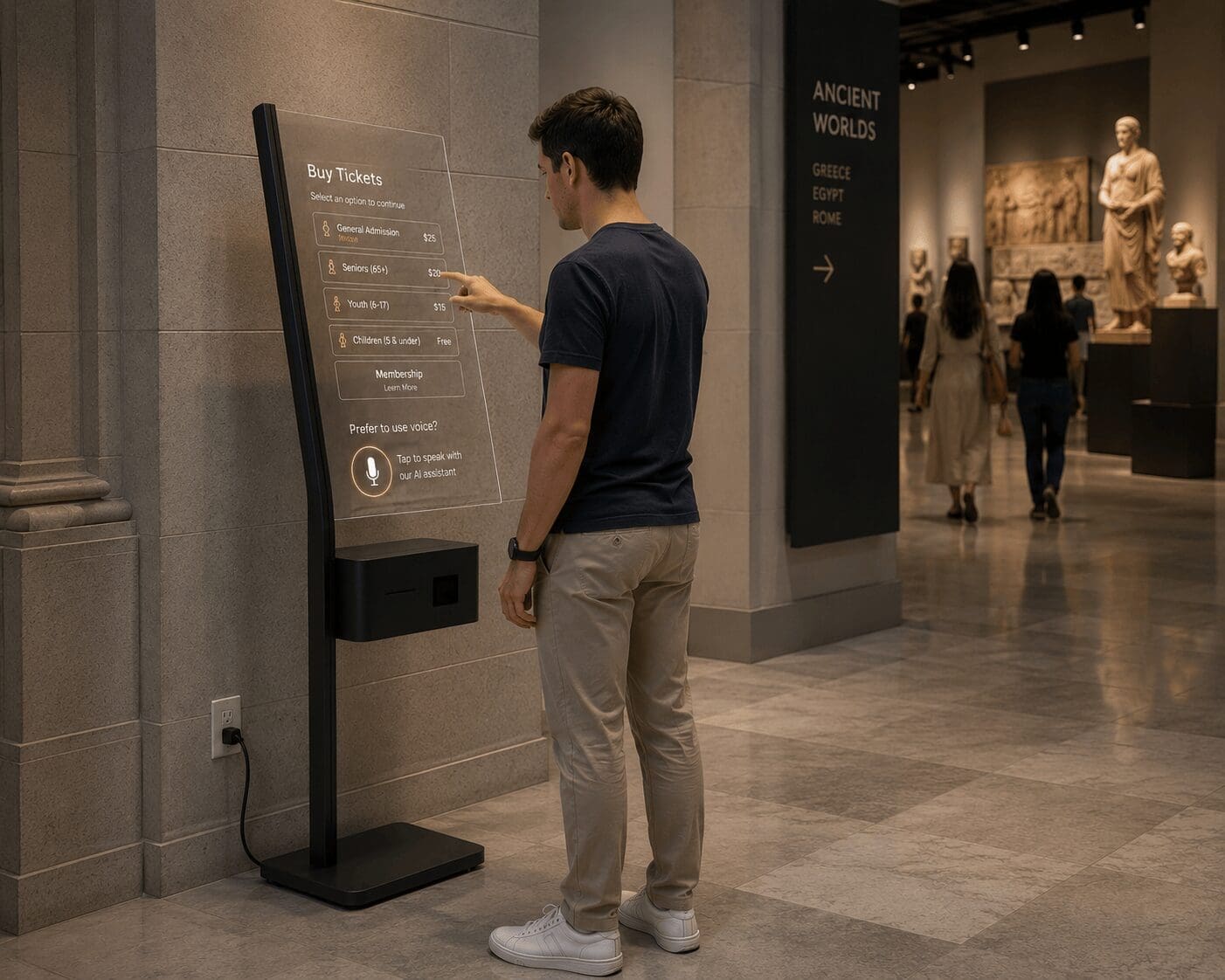 Conversational AI kiosk selling tickets at a museum Conversational AI kiosk selling tickets at a museum