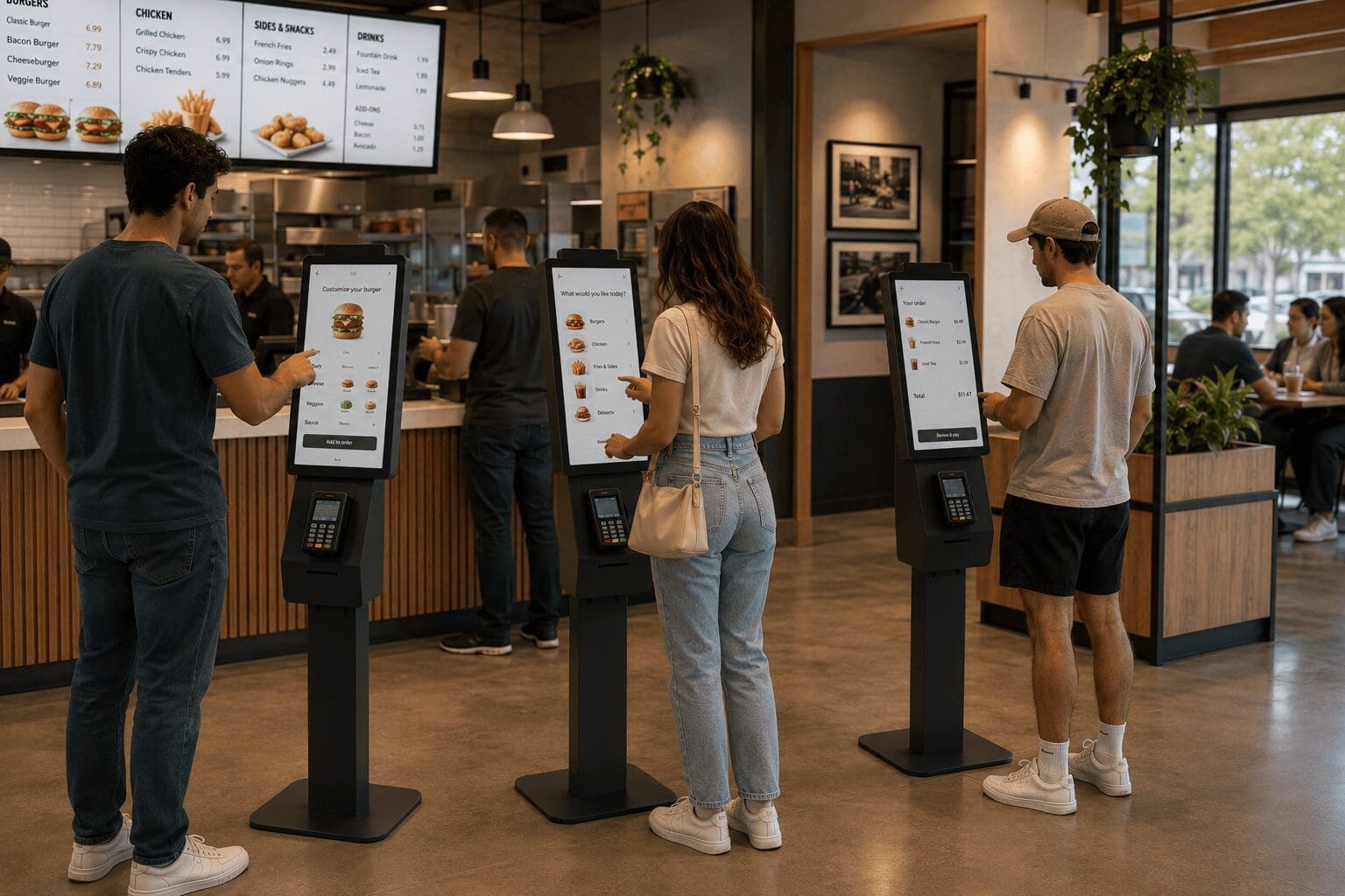 Conversational AI kiosks taking self-service orders in a restaurant Conversational AI kiosks taking self-service orders in a restaurant