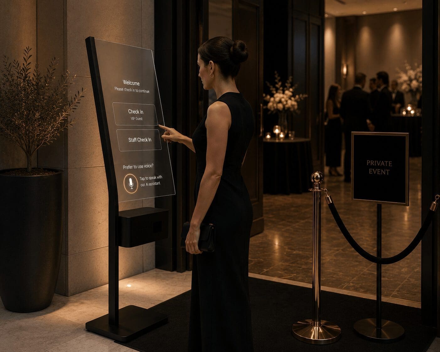 Conversational AI kiosk handling VIP check-in at an event Conversational AI kiosk handling VIP check-in at an event